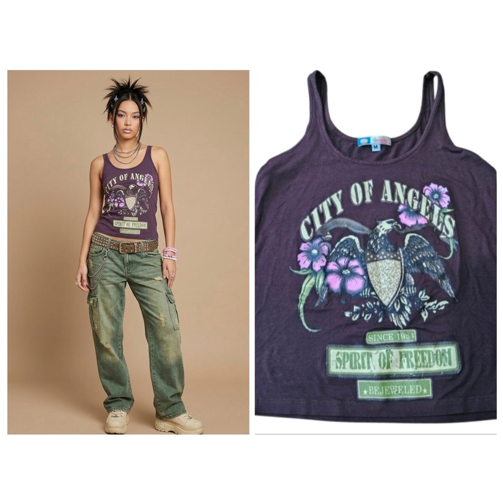 Bejeweled by Susan Fixel Tank Top Women Size M Brown "City of Angels" Y2K